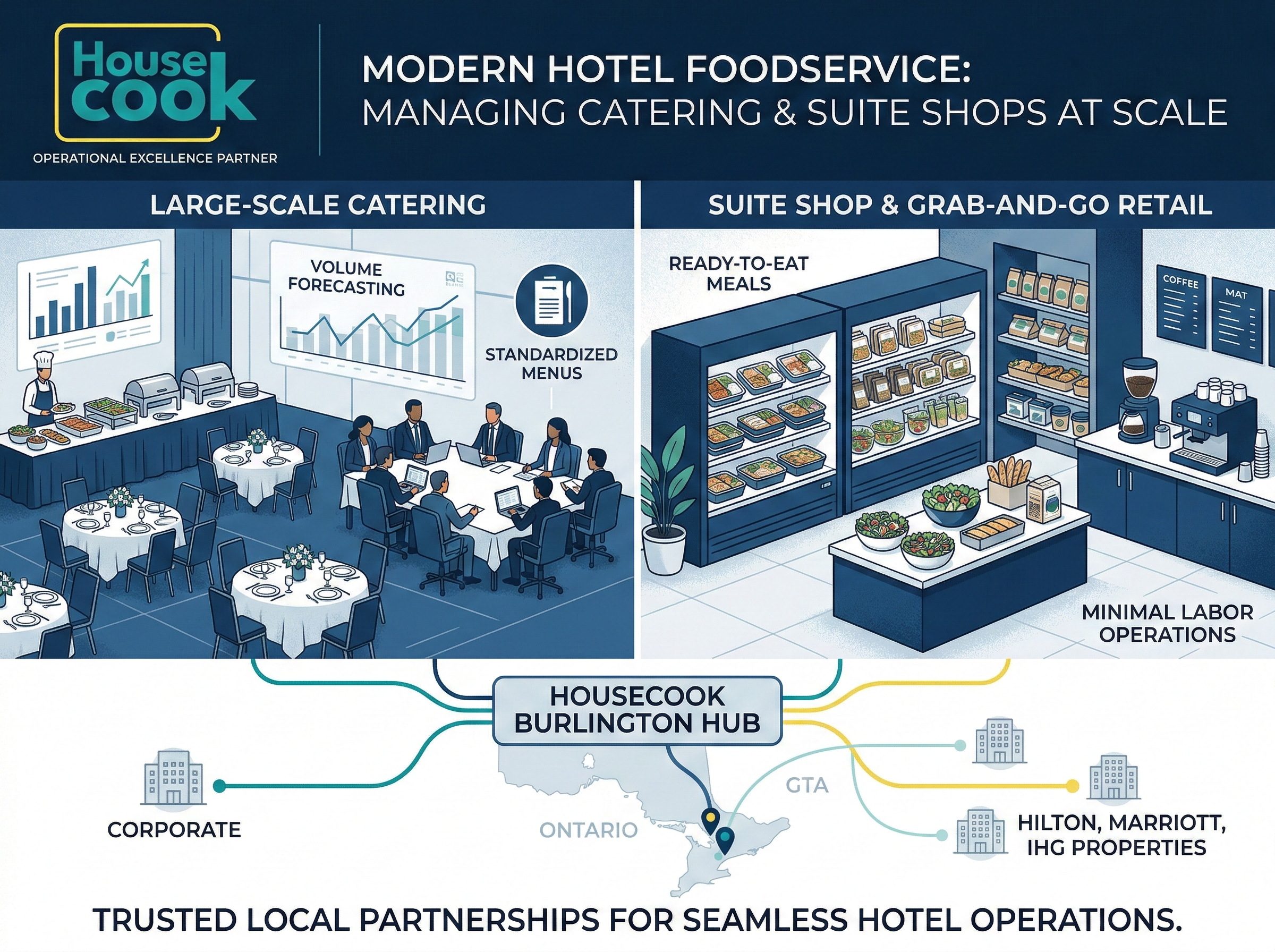 Hotel suite shop with ready-to-eat meals and large-scale catering setup in Toronto