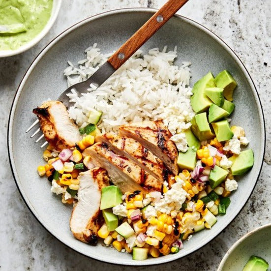 Grilled Chicken Bowl with Corn and Zucchini Salad