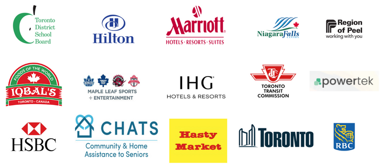 HouseCook corporate clients and partners in Toronto GTA: Toronto District School Board, Hilton Hotels and Resorts, Marriott Hotels Resorts and Suites, Niagara Falls Canada, Region of Peel, Iqbal's Foods of the World, Maple Leaf Sports and Entertainment MLSE, IHG Hotels and Resorts, Toronto Transit Commission TTC, HSBC Bank Canada, Powertek, CHATS Community and Home Assistance to Seniors, Hasty Market, City of Toronto, RBC Royal Bank of Canada